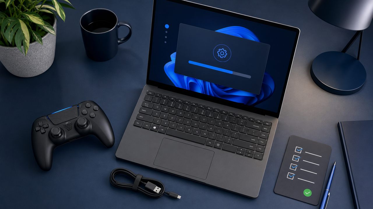 Organized DS4Windows installation setup on a Windows laptop