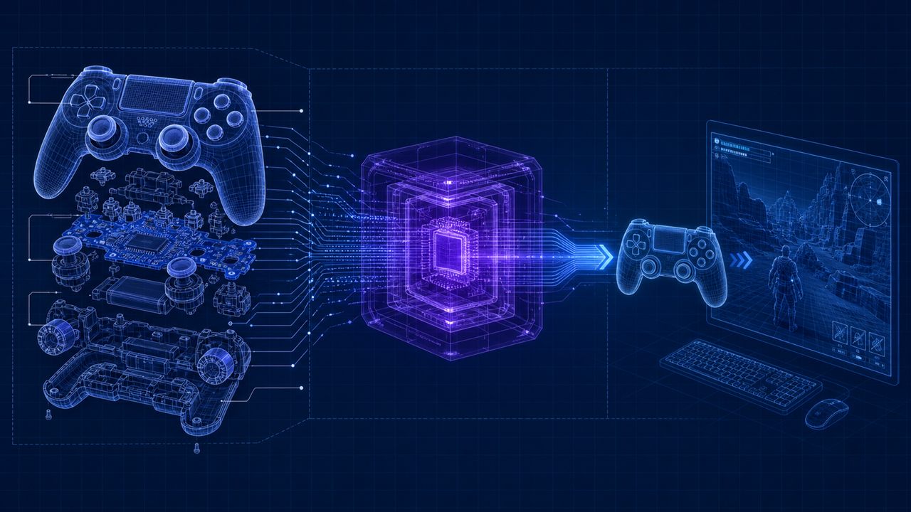 Blueprint diagram of controller input translation into a PC game